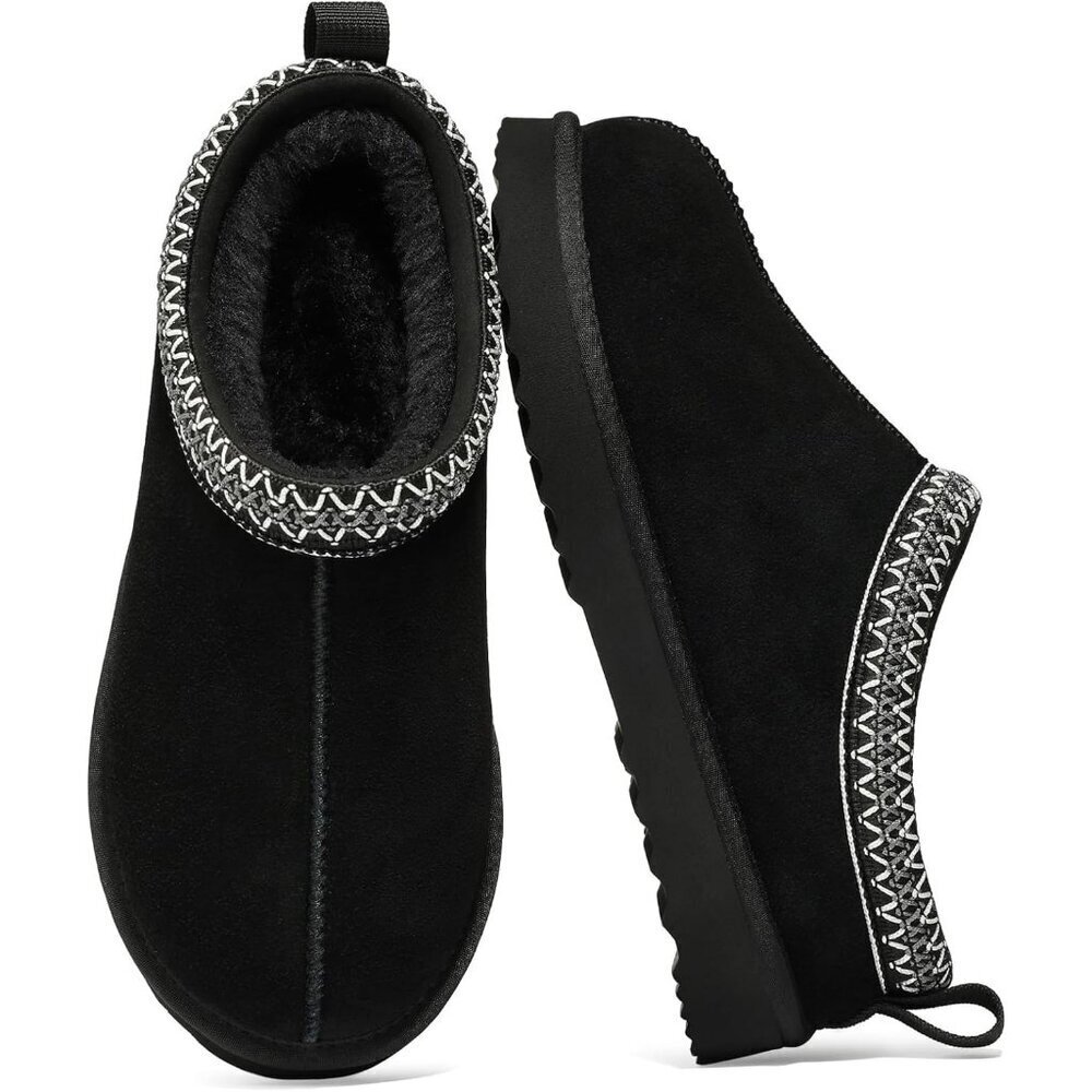 Women's Black Suede Fuzzy Slippers for  Winter Warm House Shoes Cozy Boots
